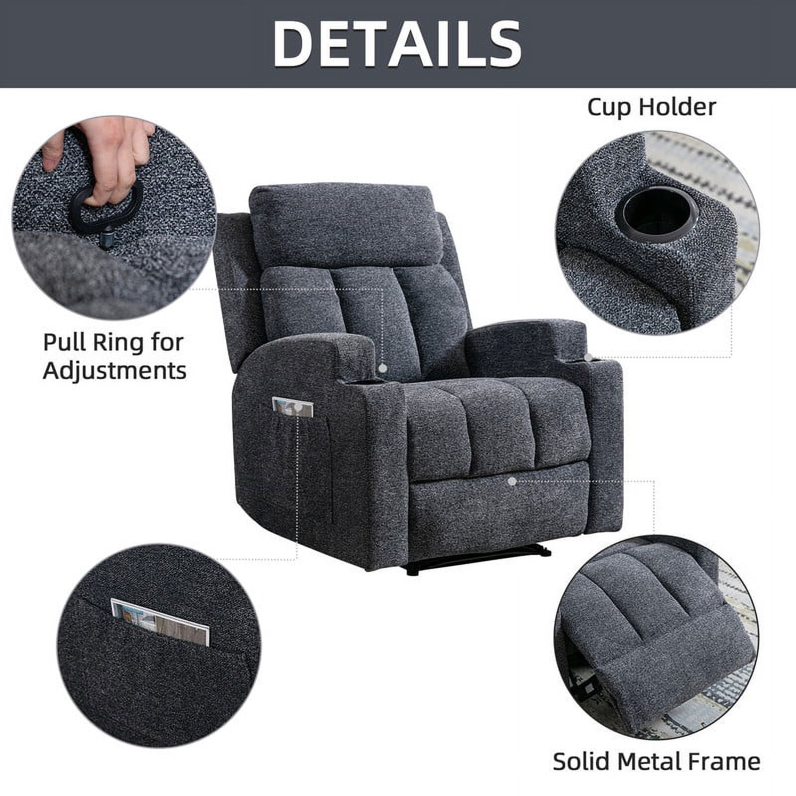 Ebello Manual Heated Massage Recliner, Soft Fabric Modern Overstuffed Recliner with Cup Holders for Living Room & Home Theater, Navy