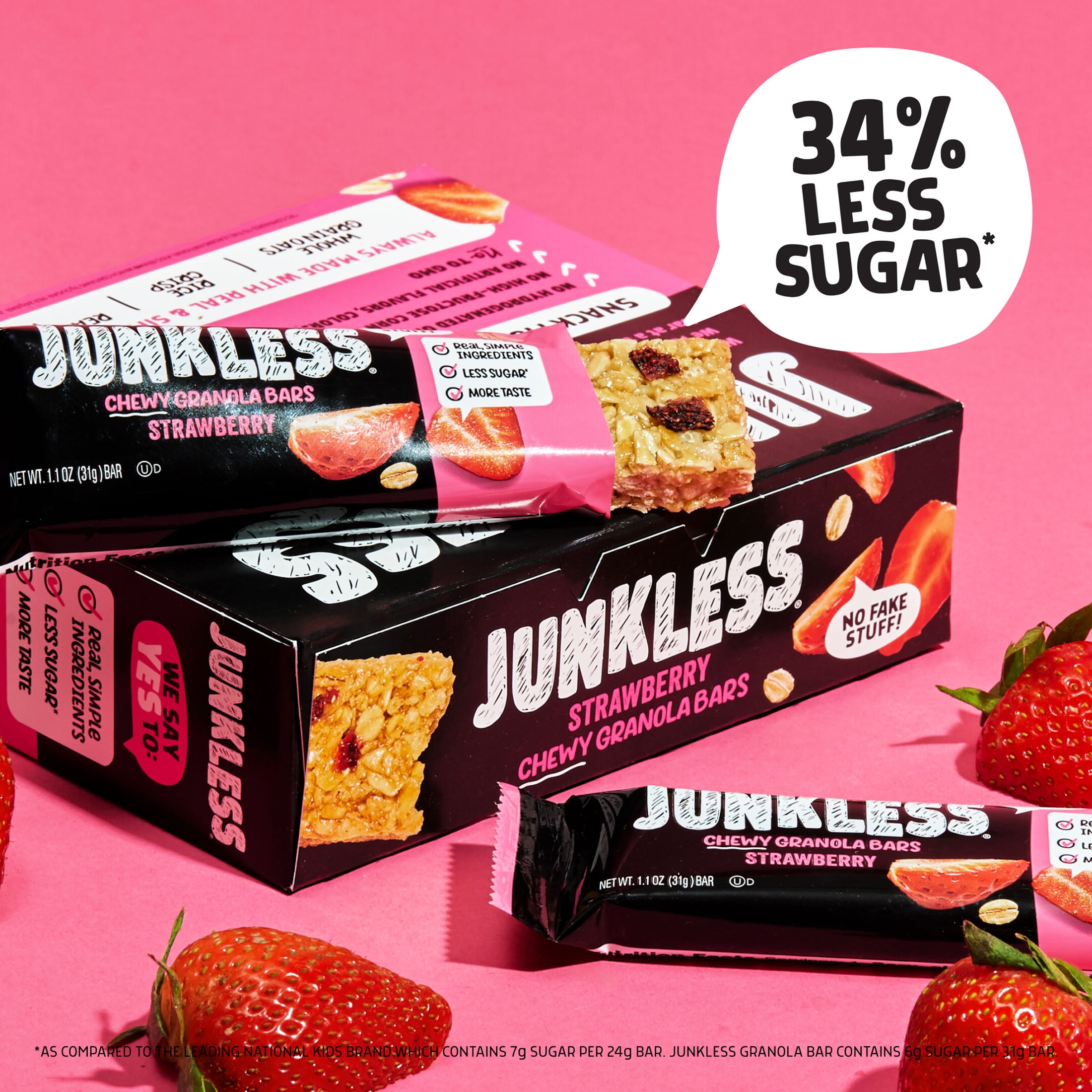 (3 pack) Junkless Chewy Strawberry Granola Snack Bars, 1.1 oz, 8 Count