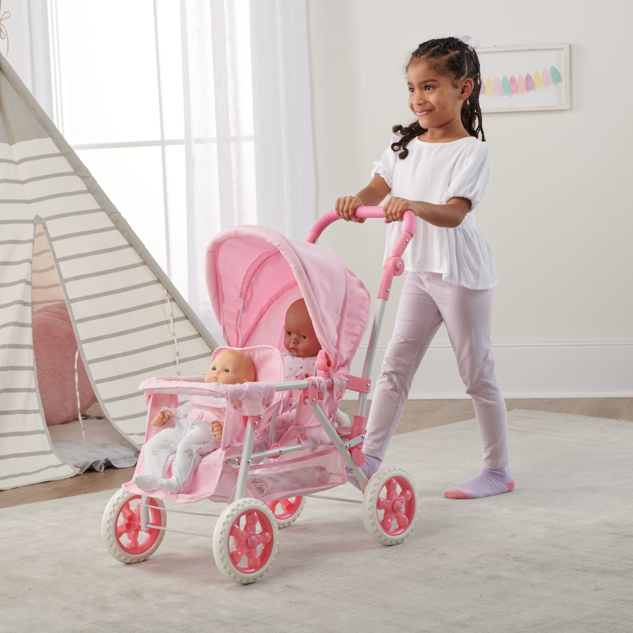 Folding Double Front to Back Doll Stroller Pink Gingham Walmart