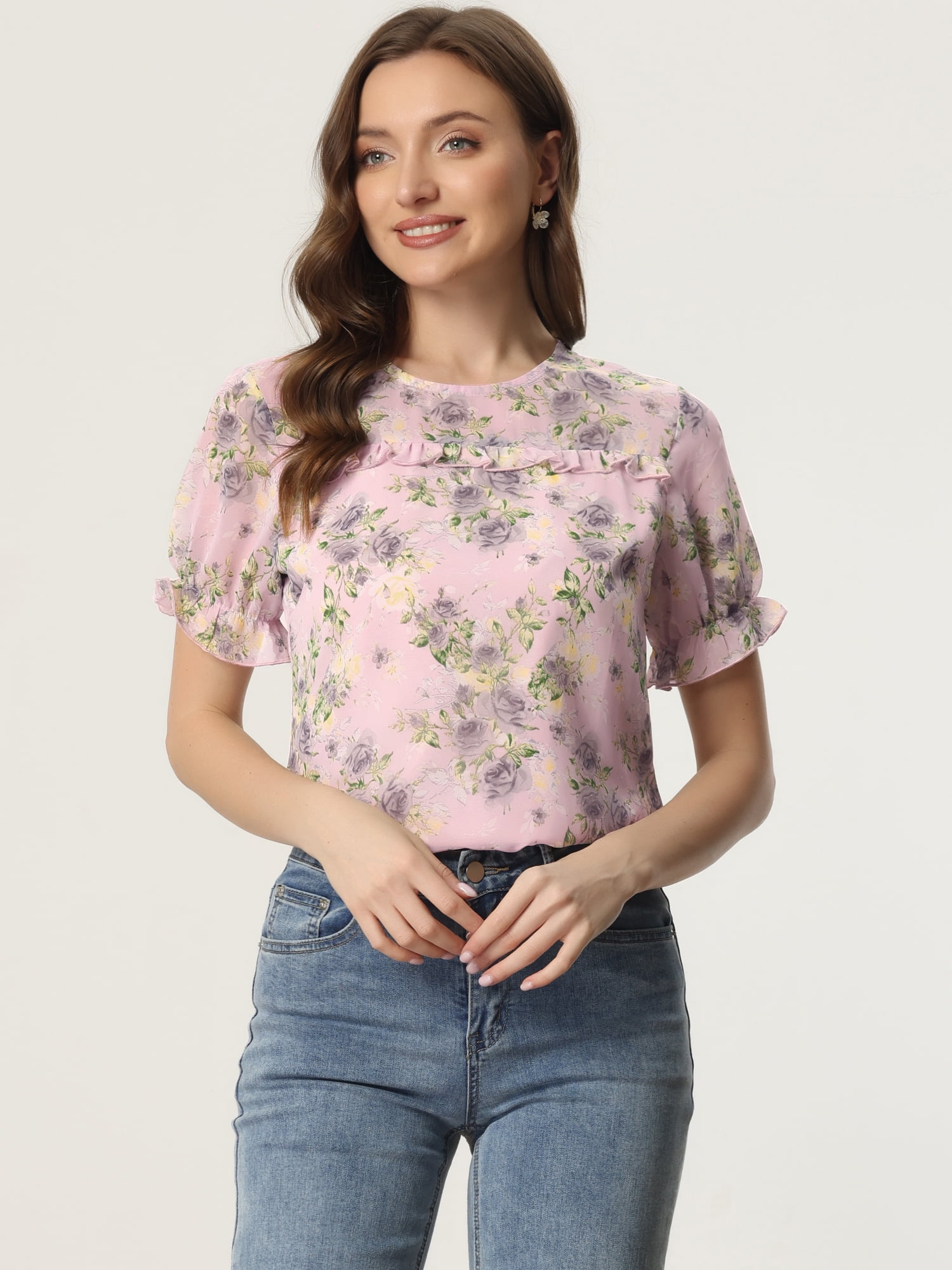 DARING DIVA Chiffon Ruffled Trim Floral Blouse Top S Pink Grey