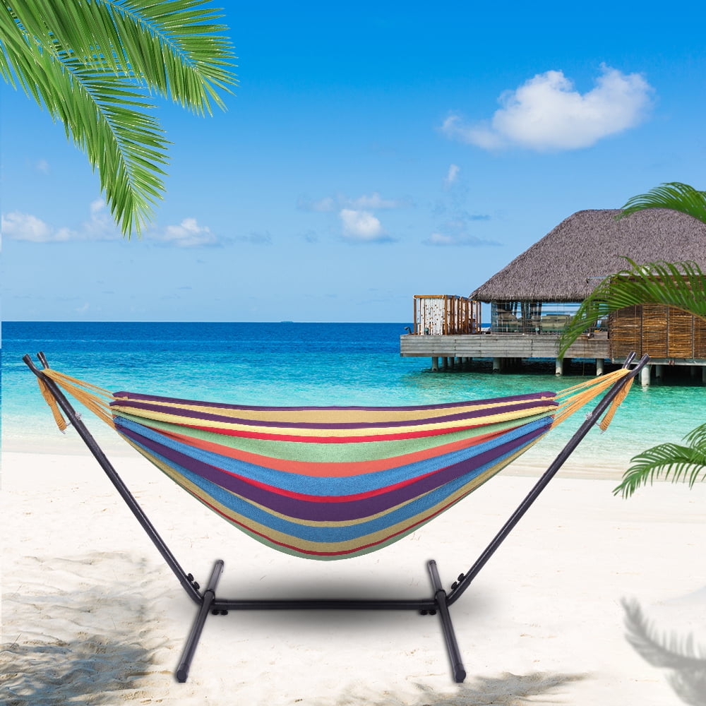 Portable Outdoor Polyester Hammock with Stand 250LBS Weight Capacity Colorful Hammock Set for Camping Beach Patio Backyard Indoor Use