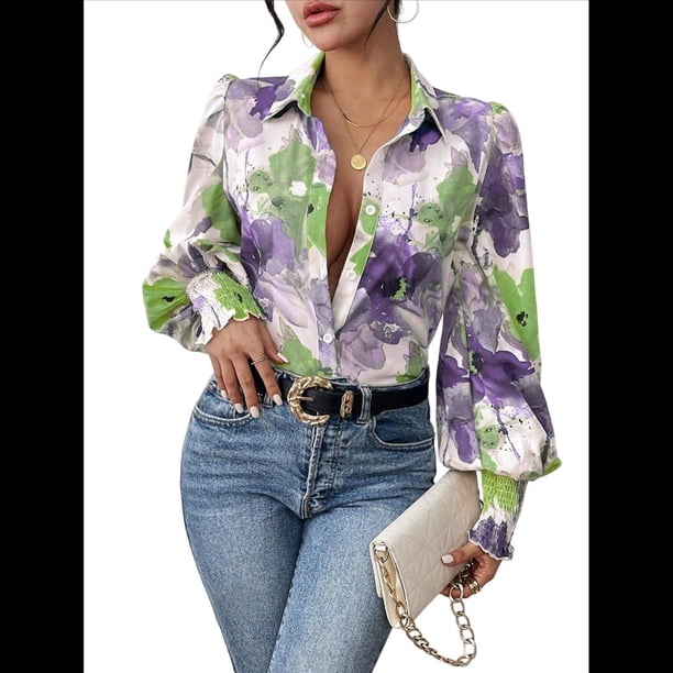 Camisas de Estilo Bohemio con Cuello en V, Botones y Mangas Largas con Estampado Floral para Mujer, para Otoño. Púrpura-Verde M