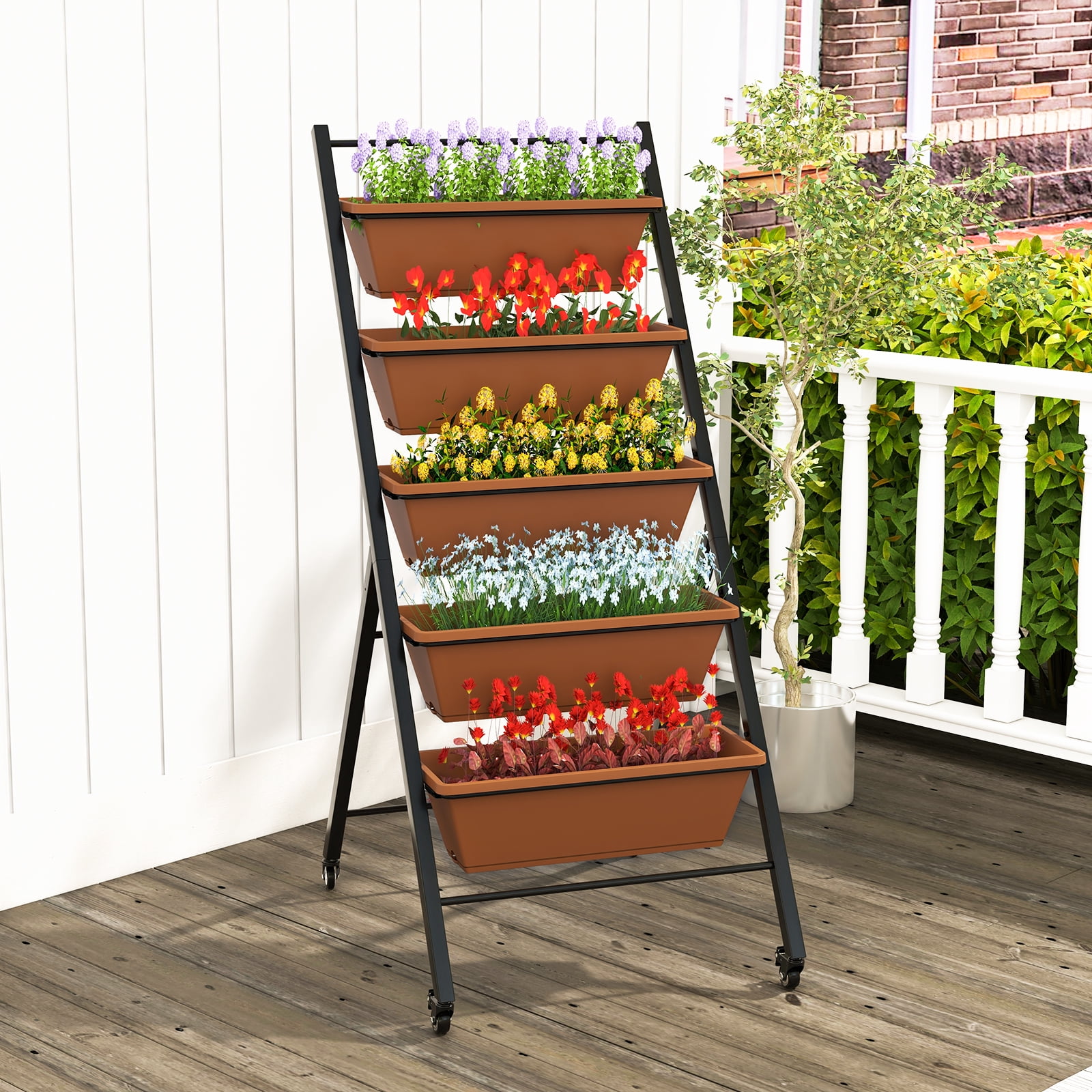 Patiojoy 5-Layer Vertical Raised Garden Bed with Wheels Drainage Holes Freestanding Planter with Container Boxes Brown