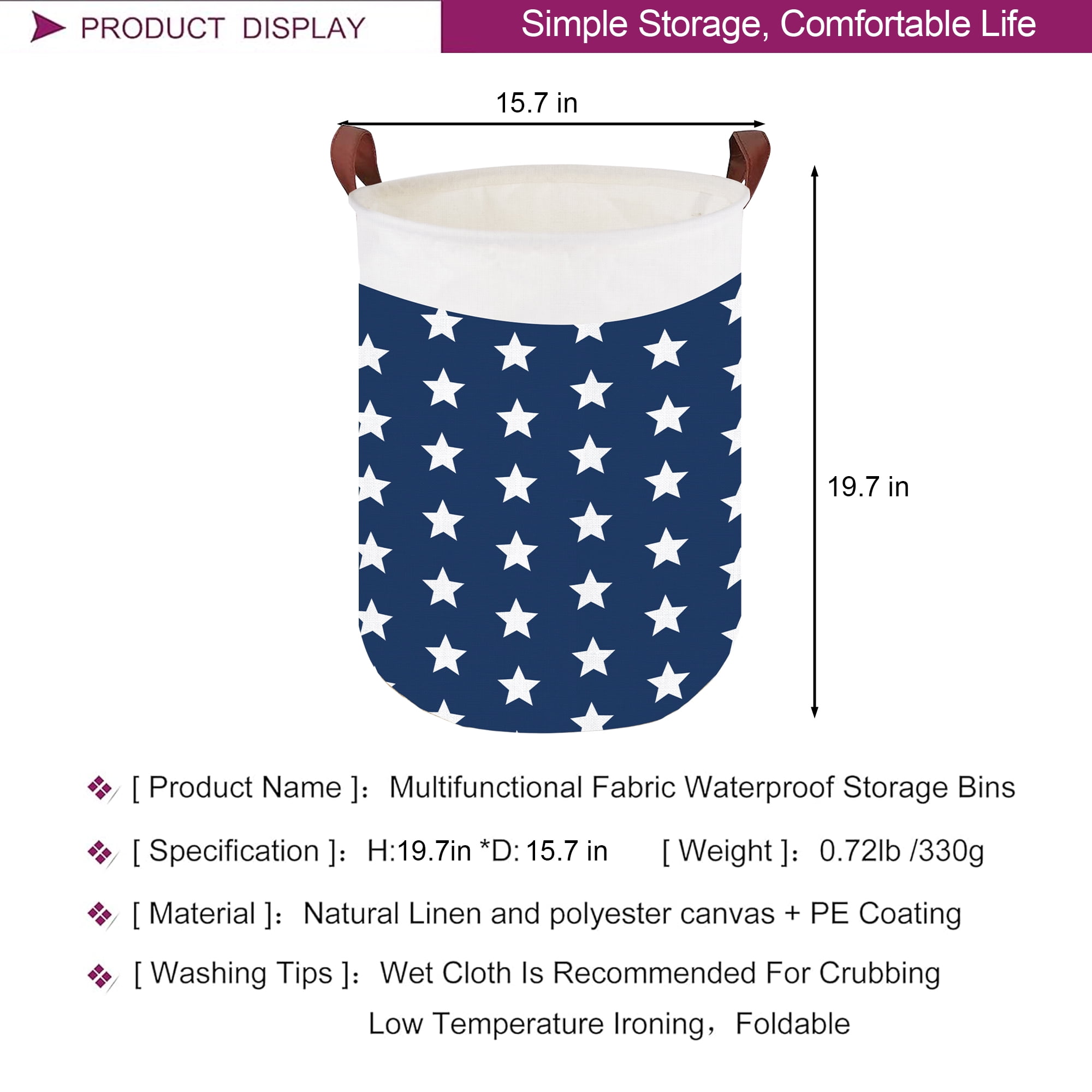 Sortora Large Laundry Hamper, Waterproof Canvas Laundry Basket, Collapsible Storage Basket Bin for Kids Room, Toy Organizer, Nursery Hamper, Clothes Hamper, Stars