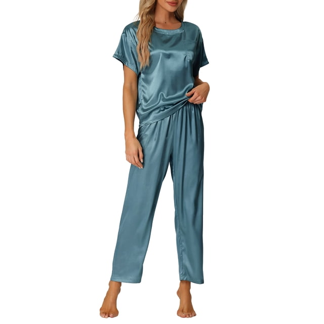 Conjunto de pijamas de satén para mujeres INSPIRE CHIC, atuendos de verano, camisetas de manga corta con pantalones, conjuntos de lounge de seda en azul pavo real