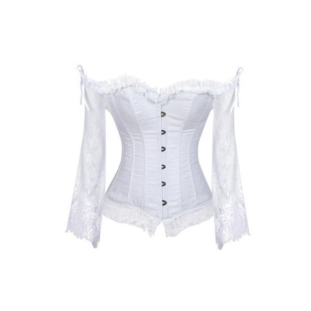 

Women Sexy Lace Overbust Bustier Corset Long Sleeve Off Shoulder Floral Bustier Top