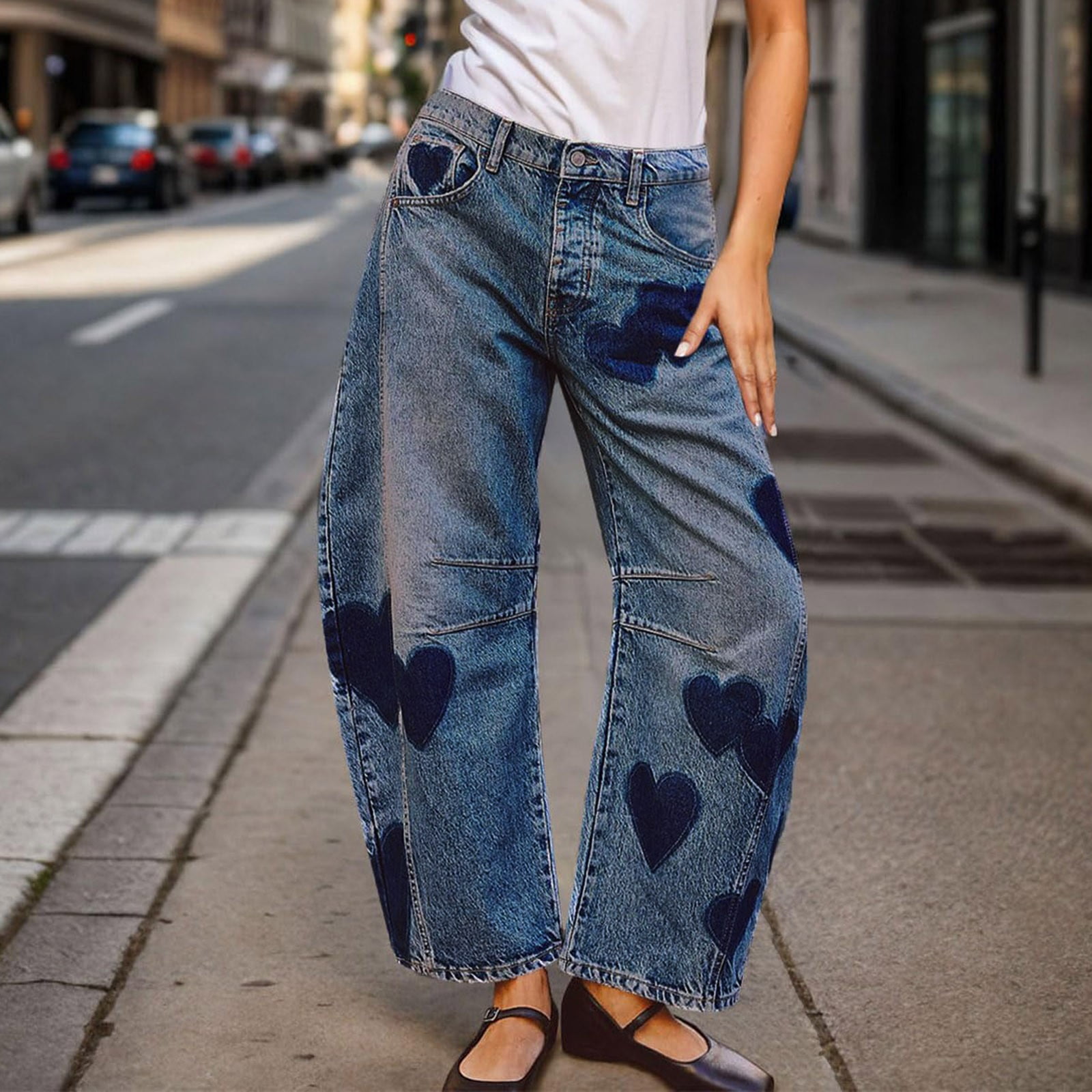 Barrel Jeans Women Y2k Mid Rise Heart Printed Wide Leg Denim Ankle