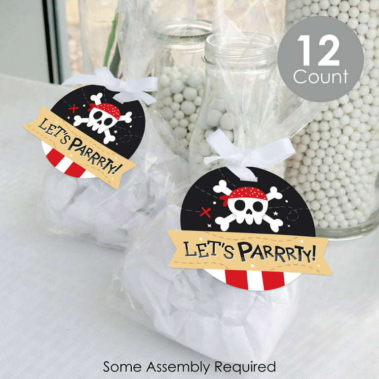 Big Dot of Happiness Pirate Ship Adventures - Skull Birthday Party Clear Goodie Favor Bags - Treat Bags with Tags - Set of 12