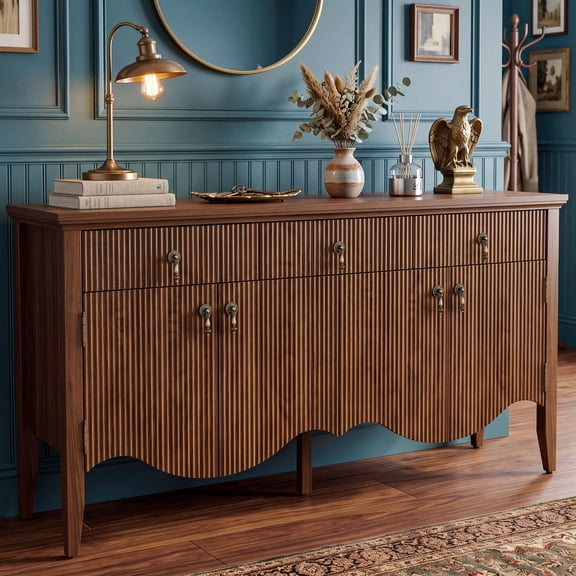 FUSUNBAO 57" Fluted Sideboard Buffet,Retro Storage Cabinet,Walnut
