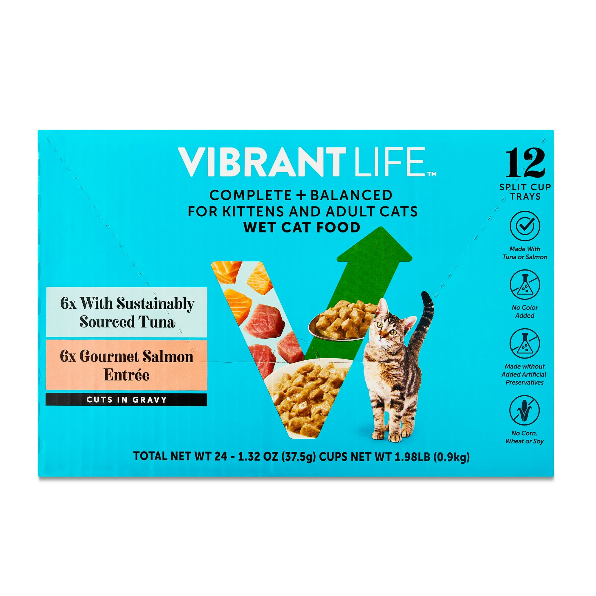 Vibrant Life Tuna & Salmon Cuts in Gravy Wet Cat Food, Complete + Balanced Variety Pack, 2.64 oz Split Trays, 12 Count