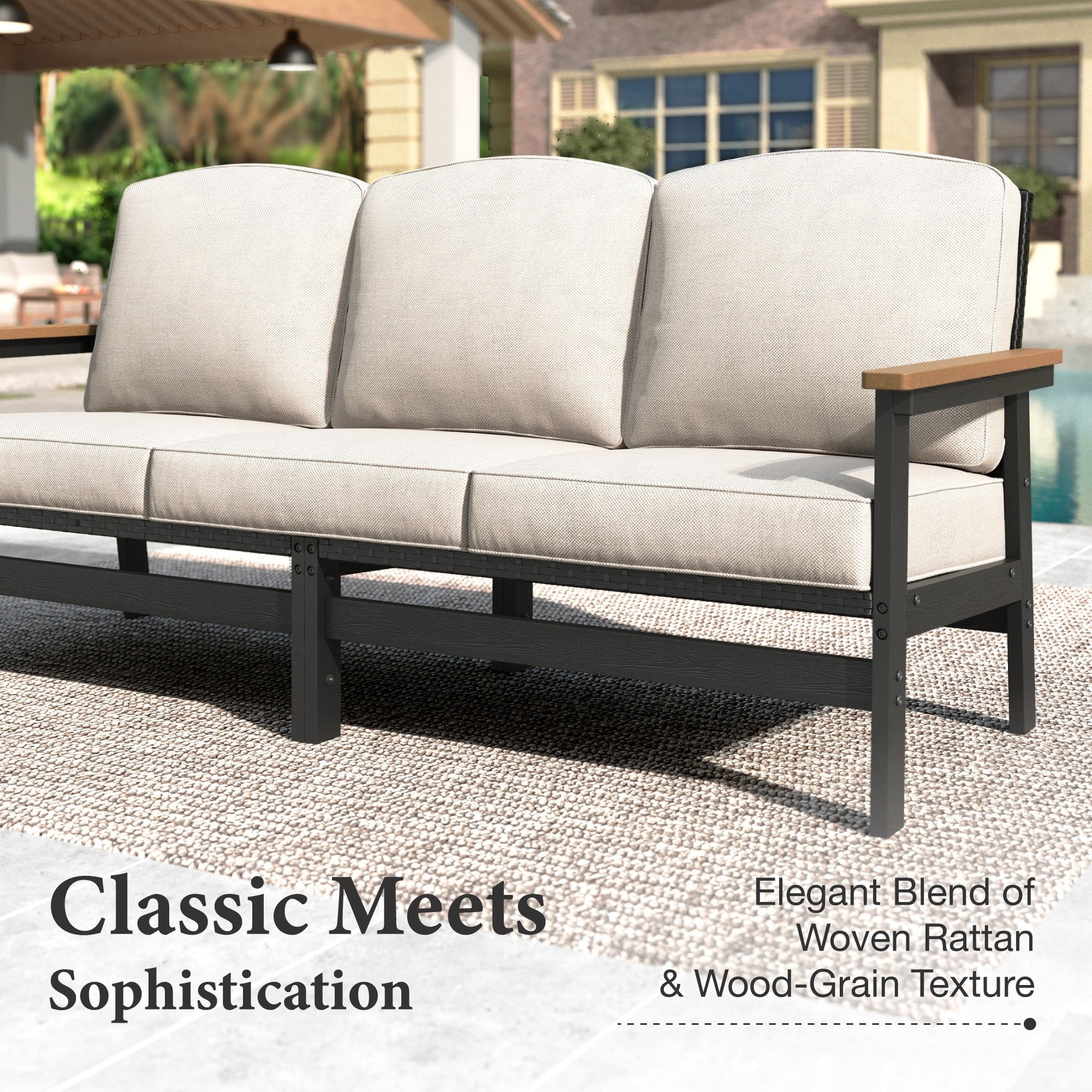 MF Studio HDPE Patio Furniture Set with Fire Pit, 4-Piece HDPE & Wicker Outdoor Conversation Set with 56" Fire Pit Table, Black