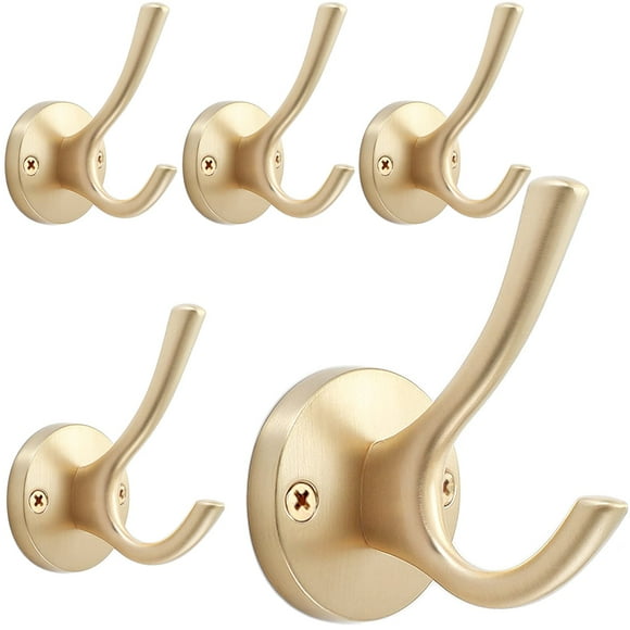 TOFIIGREM Ganchos de pared dorados, paquete de 5 ganchos para batas, ganchos de baño dobles de metal resistente, ganchos para toallas de mano montados en la pared para cubículo, baño, cocina, armario,