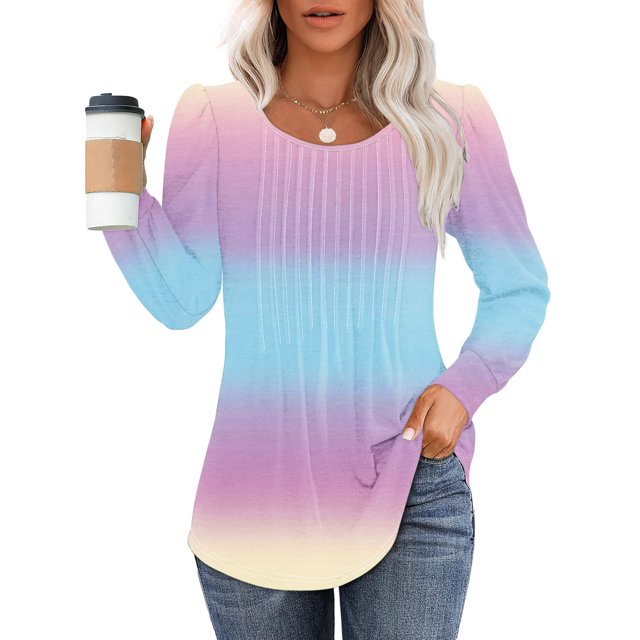 RXIRUCGD Haut à Manches Longues Imprimé pour Femme, Décontracté, Mode, Ample, Plissé, Col Rond, Rose, Taille : M