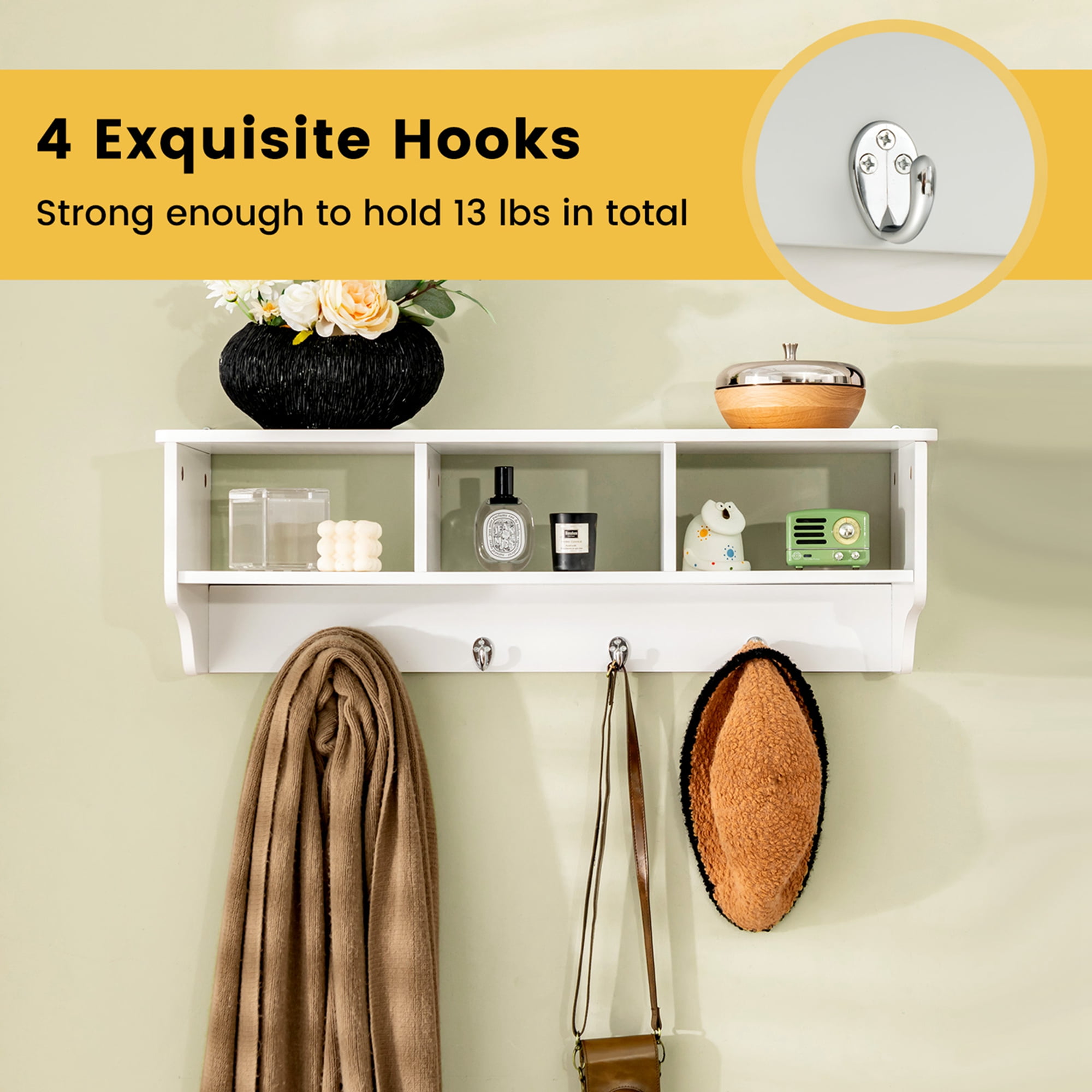 Costway Wooden Wall Mounted Coat Rack Hanging Cubby Organizer Storage Shelf with Hooks White