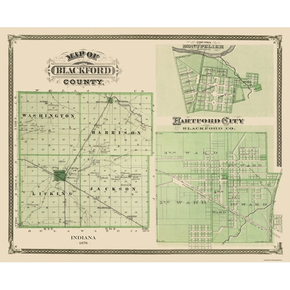 Historic County Map - Blackford County Indiana - Andreas 1876 - 28.31 x 23 - Vintage Wall Art