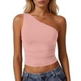 thumbnail image 2 of Women's One Shoulder Tank Tops Double Lined Sleeveless Slim Fit Cropped Tee Shirt Y2k Tops Off Shoulder Slim Fit Crop Top Beach Vacation Outfits Womens Tops Pink S, 2 of 5