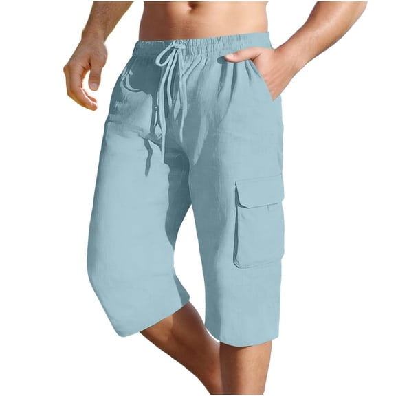 Hurxie Men's Cargo Shorts Casual Twill Elastic 3/4 Capri Pants Below Knee Long Shorts with Pockets Light Blue,2XL