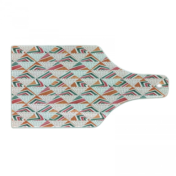 Tribal Cutting Board, Vibrant Triangle Watercolor Timeless Hand Drawn Doodle Pattern, Decorative Tempered Glass Cutting and Serving Board, Wine Bottle Shape, Orange Jade Green Pink, by Ambesonne