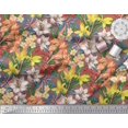 thumbnail image 2 of Soimoi Orange Modal Satin Fabric Leaves, & Lily Floral Printed Fabric 1 Yard 42 Inch Wide, 2 of 3