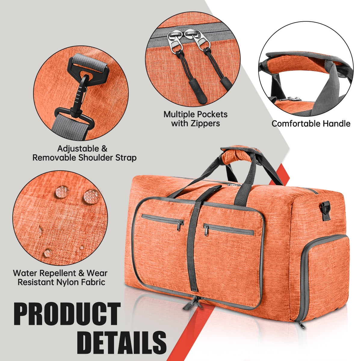 65L Large Foldable Travel Duffle Bag, Overnight Bags with Shoes Compartment, Packable Water Repellent Duffel Bag for Camping, Lightweight Gym Weekender Bag(Orange)