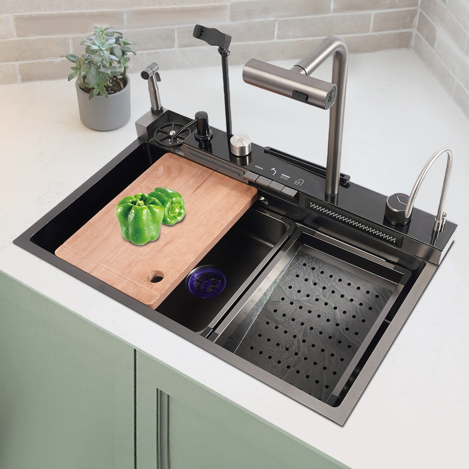 Stainless Steel Single Slot Digital Kitchen Sink Faucet Flying Rain Waterfall 75*46*23cm