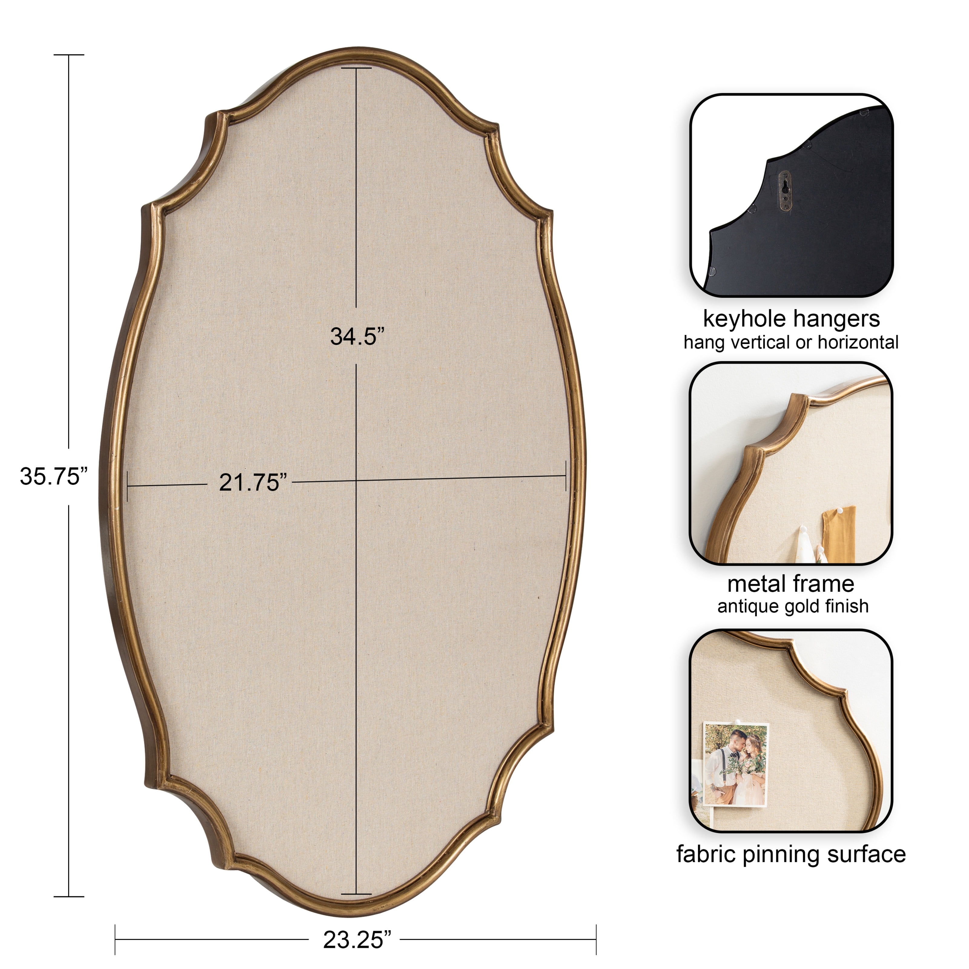 Kate and Laurel Leanna Decorative Scalloped Metal Pinboard, 24 x 36, Gold, Framed Rounded Oval Vintage Bulletin Board for Unique Display, Organization, and Decor
