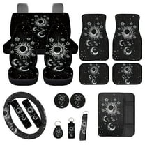 Jeiento Sun and Moon 17 Piece Car Interior Cover Sets, Car Front Seat Covers and Rear Split Bench Seat Cover Floor Mat Carpets Steering Wheel Covers, Auto Interior Accessories, Black