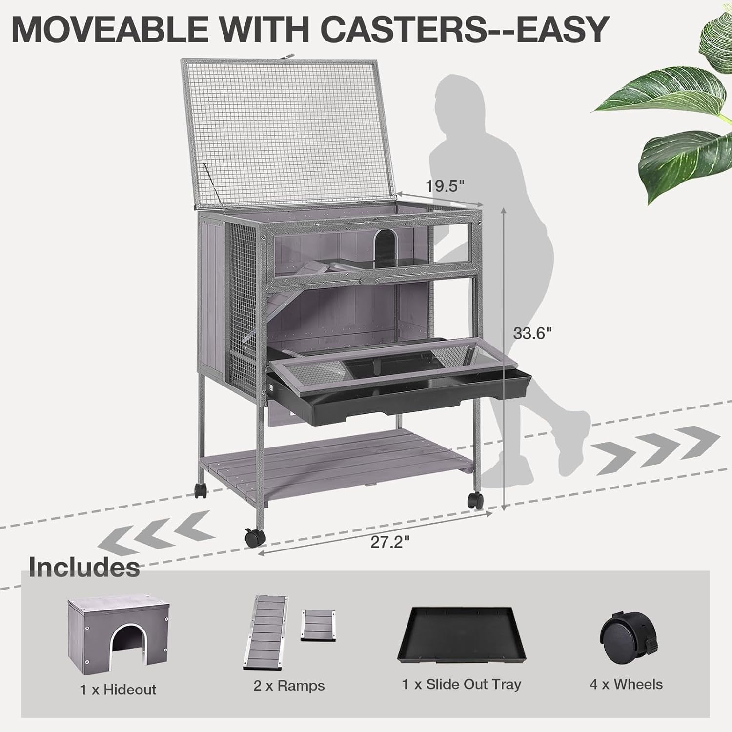 Aivituvin Guinea Pig Cage, Moveable Metal Frame Hamster Cage Anti-Chewing with Aluminium Alloy Edge, Hideouts, Ramps, Seesaws Chewing Toy, Deeper Pull-Out Leakproof Tray for Indoor Outdoor(Grey)