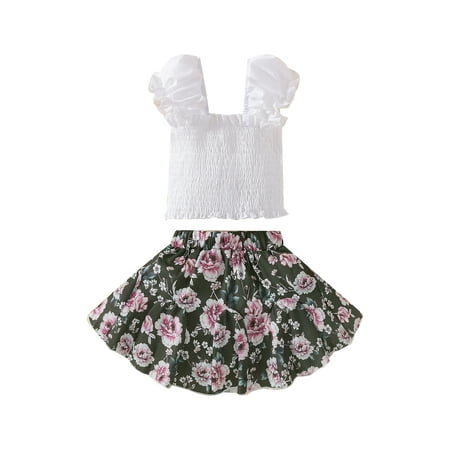 

ZIYIXIN 2pcs Summer Kids Girls Lovely Holiday Clothes Ruffles Puff Sleeve Solid T Shirts+Floral A-Line Skirts Sets White 3-4 Years