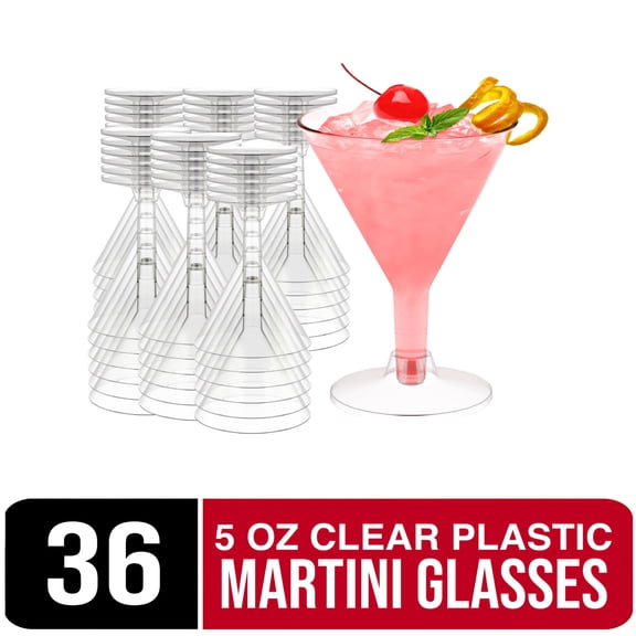 Crown Display Clear Plastic Martini Glasses, 5 oz, 36 Count