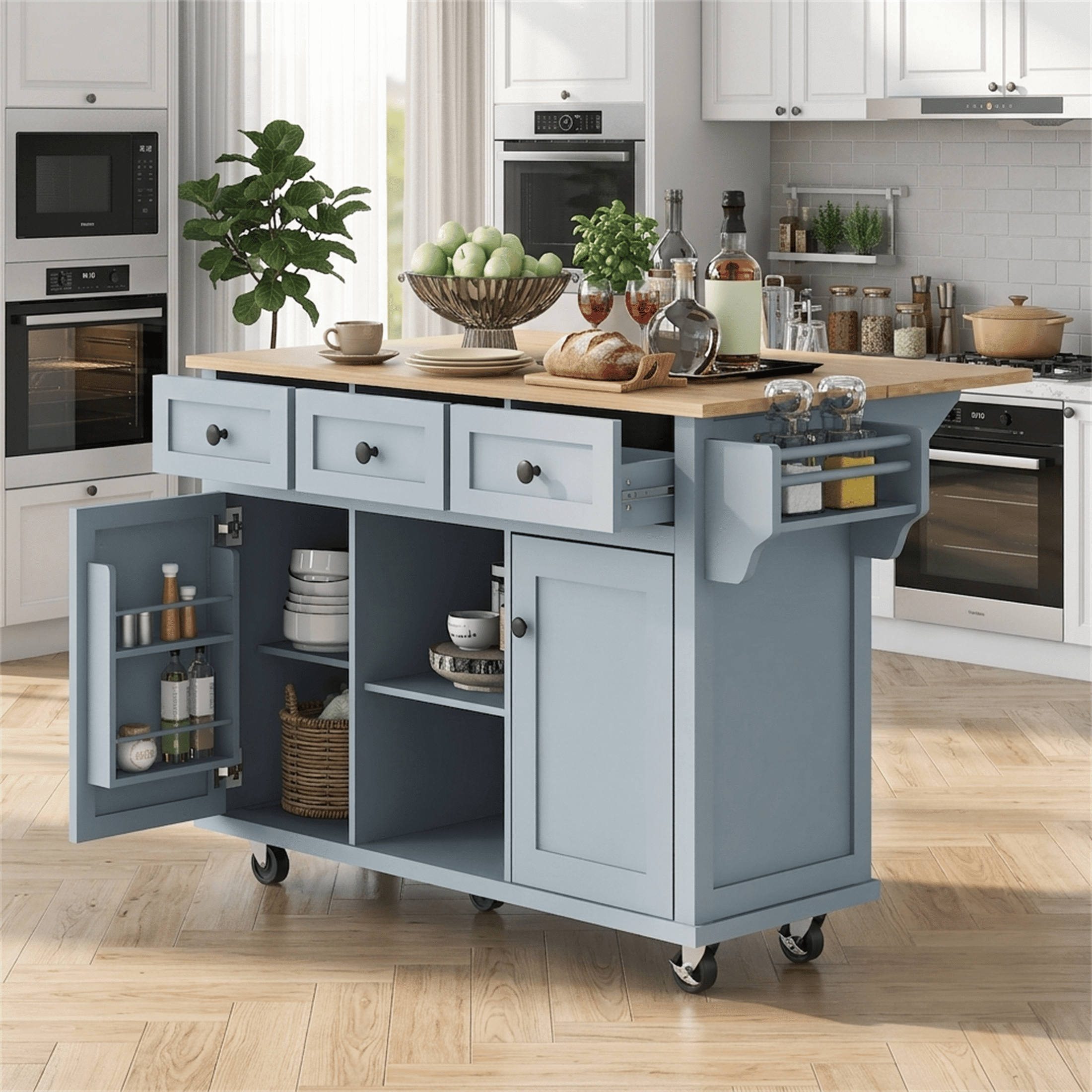 Homy Casa 53" Farmhouse Kitchen Island with Drop Leaf, Drawers, Wheels & Towel Rack, Blue