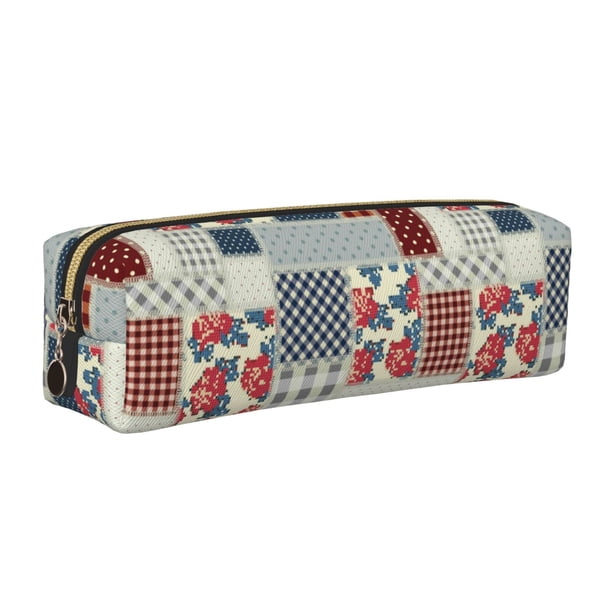 Easygdp Patchwork In Country Style para Estuche de Lápices de Cuero, Estuche de Papelería de Cuero, Estuche de Gran Capacidad con Cremallera
