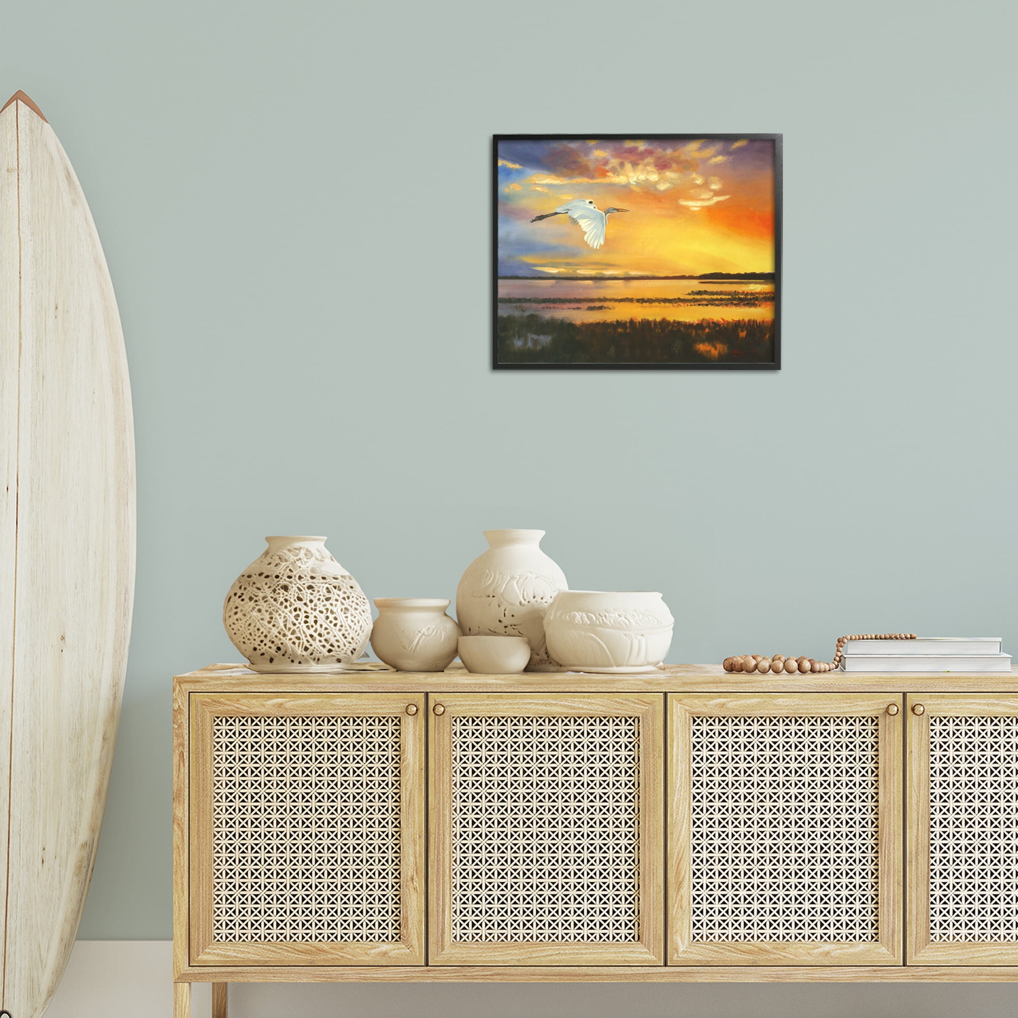 Stupell Industries Bird over Sunlit Pond Landscape Painting Black Framed Art Print Wall Art, 20 x 16
