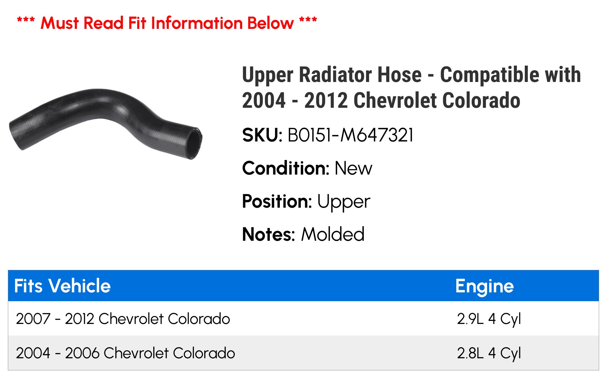 Upper Radiator Hose - Compatible with 2004 - 2012 Chevy Colorado 2005 2006 2007 2008 2009 2010 2011