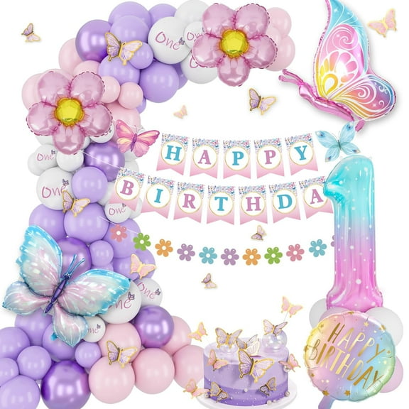 First Birthday Decorations for Girl, One Year Old Bday Decorations Girl, Butterfly Birthday Party Decorations, Pink Purple Balloons 1st Birthday Decoration