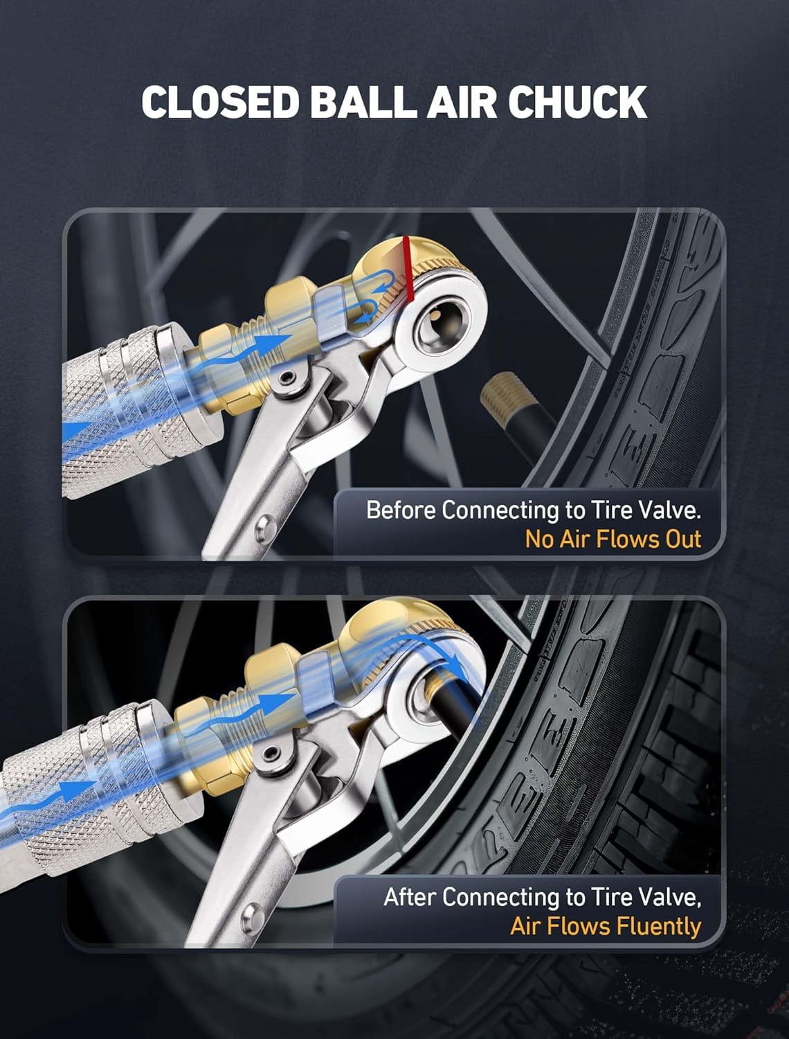 2-Pack Closed Ball Clip-On Locking Tire Air Chuck – 1/4" FNPT, Brass, USA Shipping