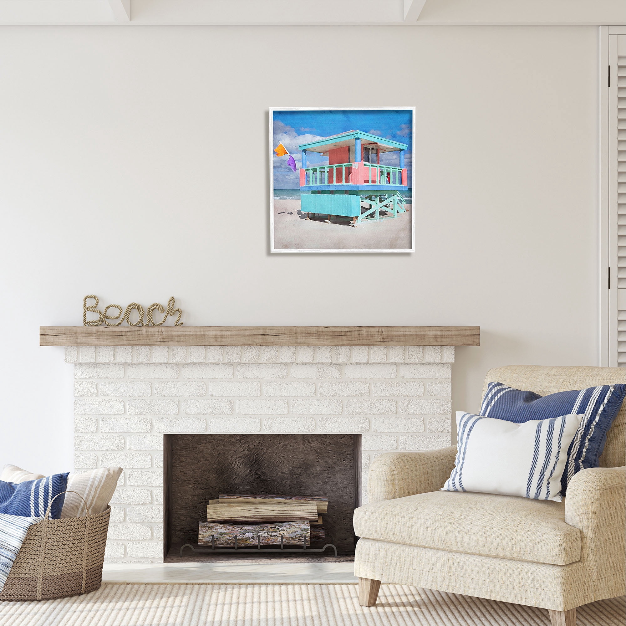 Stupell Industries Blue Summer Beach Hut Nature Painting White Framed Art Print Wall Art, 24 x 24