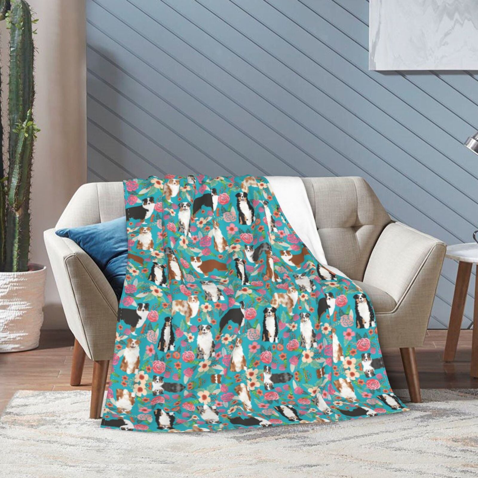 Wijzvio Australian Shepherd Dogs Floral Throw Blanket Soft Fuzzy Fleece Blanket For Couch Bed Living Room Decoration 50"X40"