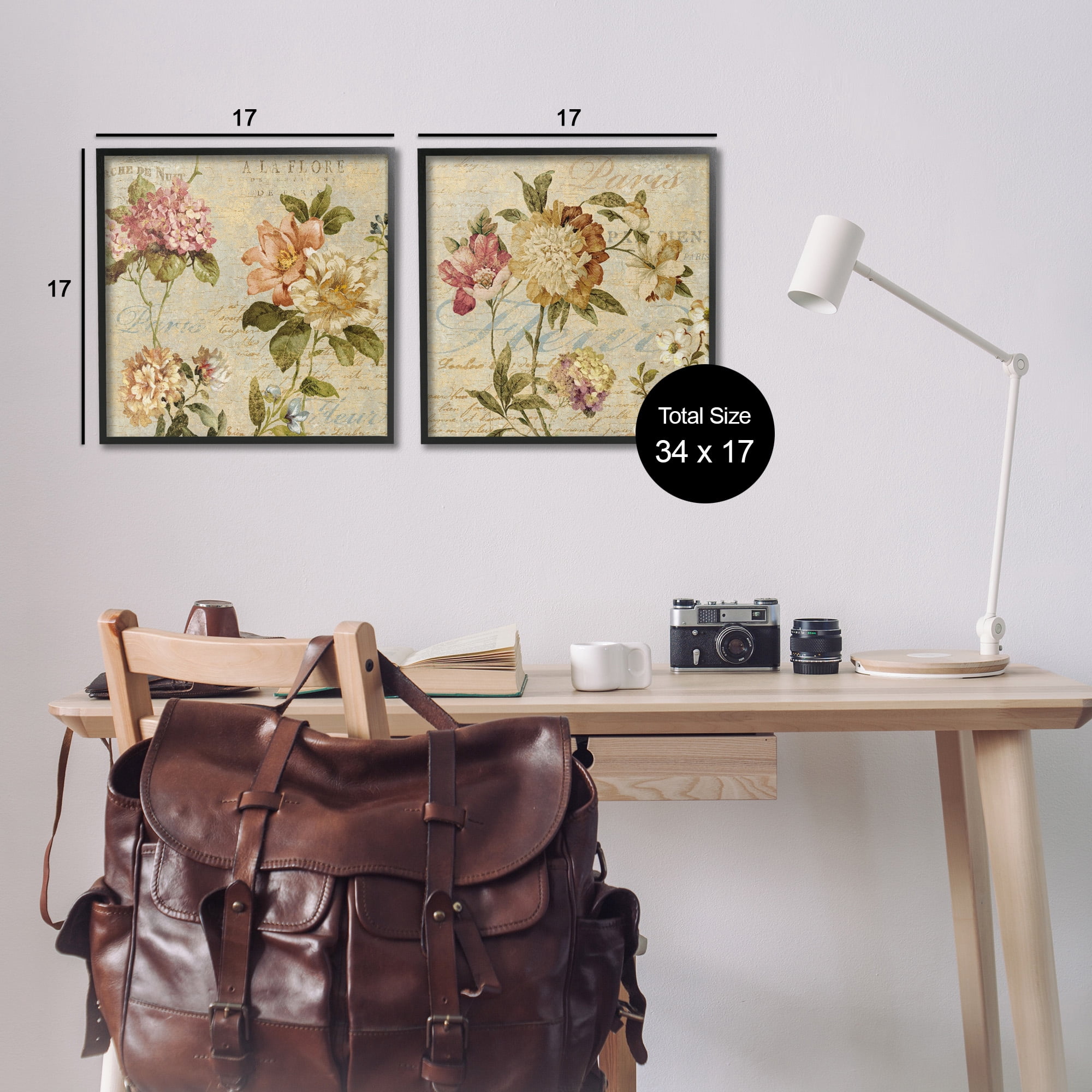 Stupell Industries Vintage French Floral with Script Botanical & Floral Painting Black Framed Art Print Wall Art, 17 x 17, Set of 2