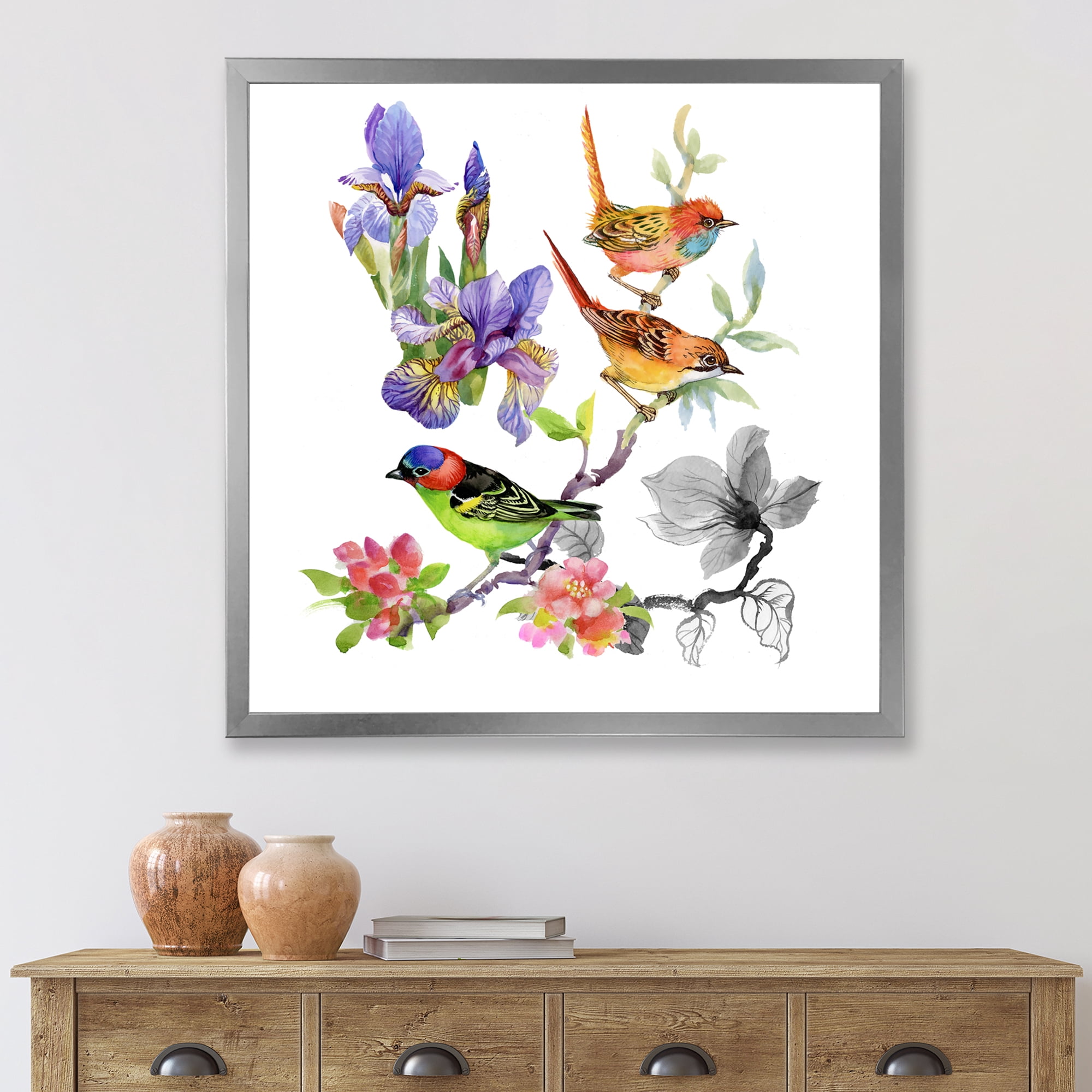 Designart 'Colourful Birds and Tropical Flowers I' Traditional Framed Art Print