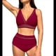 thumbnail image 2 of Bikini de Cintura Alta de para Mujer, Traje de Baño con Cuello en V y Control de Abdomen. Vino Tinto XL, 2 of 7