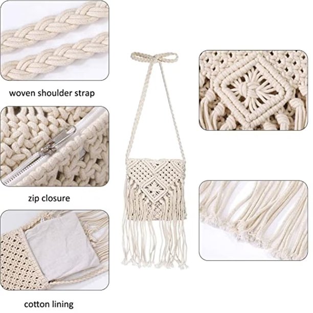 Cross Flower Crochet Crossbody Bag con borla para mujer, mini bolsos de playa retro de algodón con flecos, bolso tejido a mano, monedero de moda bohemia de viaje (beige) ShuxiuWang 8390613441058