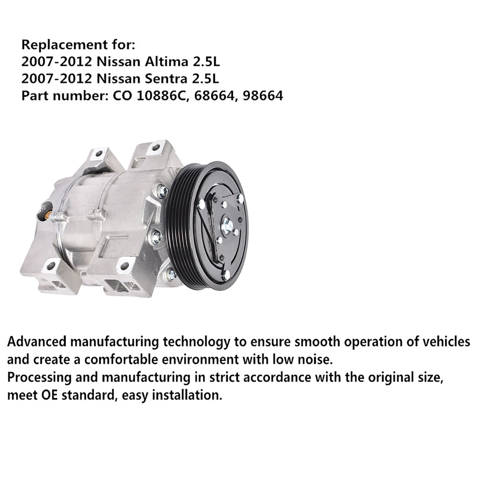 A/C AC Compressor CO 10886C 92600JA00A Replacement for 2007-2012 Nissan Altima, Nissan Sentra 2.5L