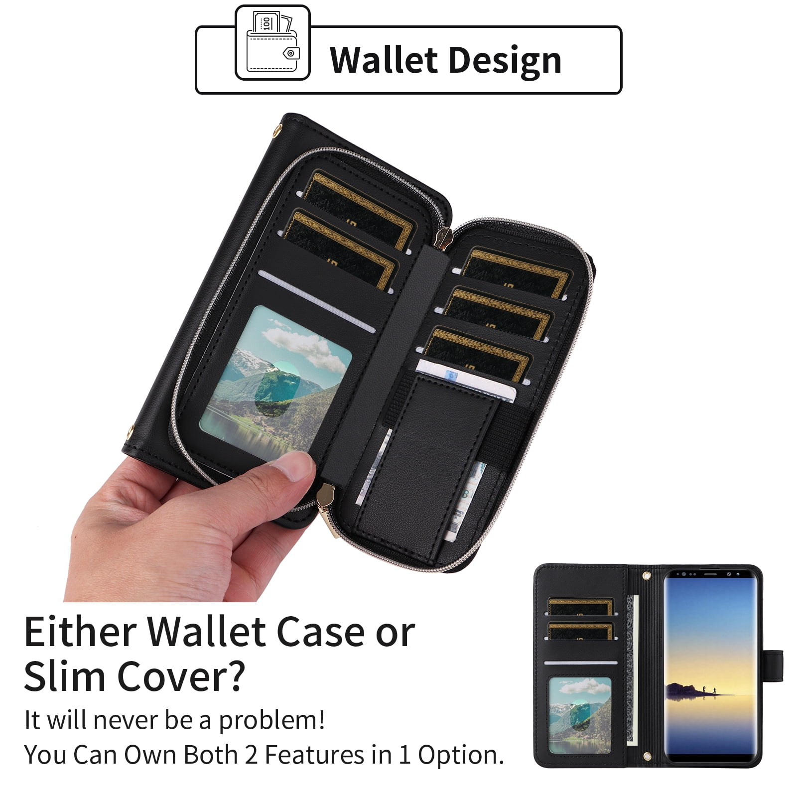 Furiet Wallet Case for Samsung Galaxy Note 8 with Wrist Strap, Crossbody Shoulder Strap, 9+ Card Slots Zipper Purse, Luxury PU Leather Stand Cell Phone Cover for Note8 Not S8 Gaxaly Women Black