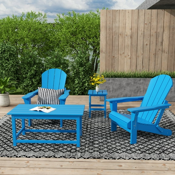 WestinTrends Malibu 4-Pieces Outdoor Patio Furniture Set, All Weather Outdoor Seating Plastic Adirondack Chair Set of 2 with Coffee Table and Side Table, Pacific Blue