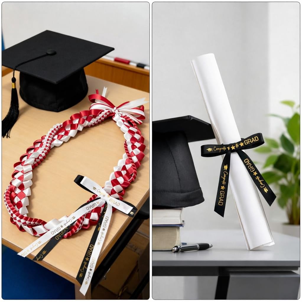 2 Rolls 2026 Graduation Ribbon - 3/8'' x 20 Yards Congrats Grad Gold Satin Ribbon for Gift Wrapping Class of 2026 Graduation Party Decorations DIY Crafts Black and White with Gold Printing