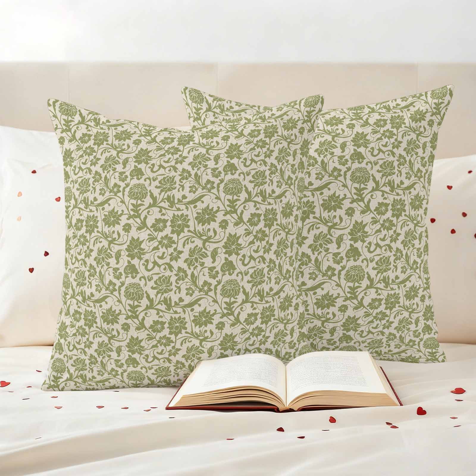 Pack of 2 Outdoor Pillow Covers,Waterproof Green Floral Throw Pillow Covers,Vintage Rustic Botanical Spring Decorative Pillowcases Cushion Covers for Patio Couch Pillow Sham Protector 16x16 Inch