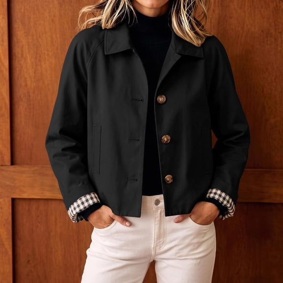 Byworldtasic Womens Cropped Trench Jacket Button Front Lightweight Coat Long Sleeve Classic Outerwear with Pockets