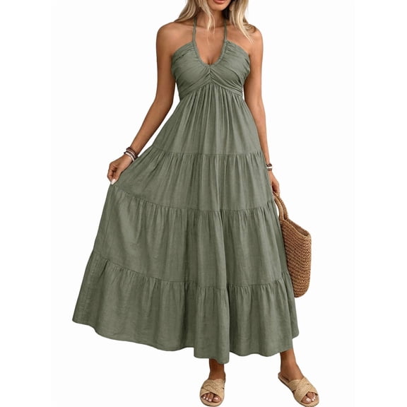 Womens Solid Color Halter Vacation Loose Maxi Dress Fashion Backless Smocked Gown Summer Chic Green M