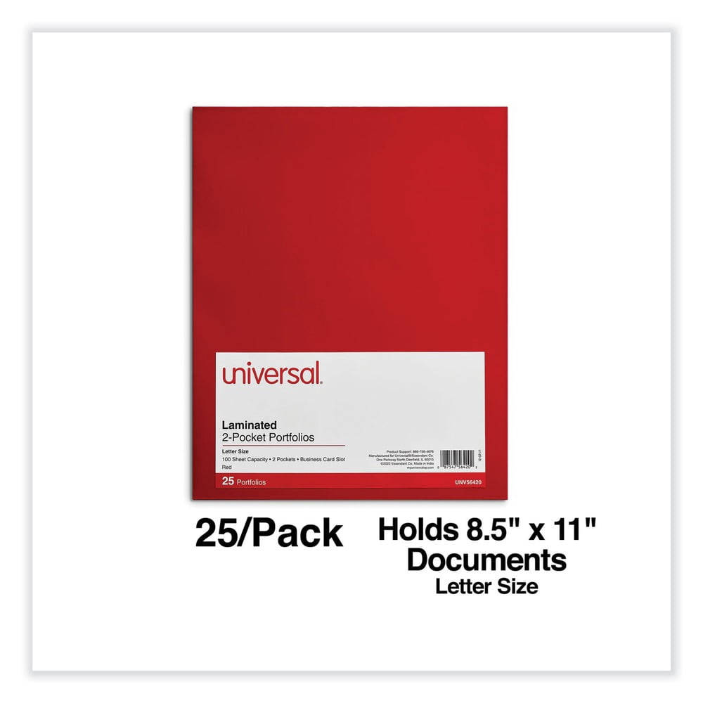 11 in. x 8-1/2 in. Cardboard Paper, Laminated Two-Pocket Folder - Red (25/Pack)